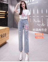 Women's Two Piece Pants Women Jeans Matching Sets 3D Flowers T Shirt Outfits For Woman 2 Pieces Denim Clothing Suits