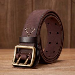 Belts Thick original belt retro mens broadband denim genuine leather double wishbone buckle jeans Q240402