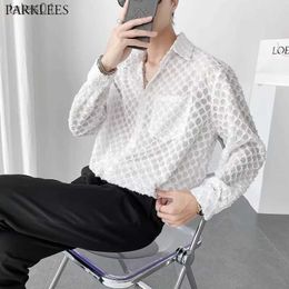 Men's Plus Tees Polos Mens White Checked Transparent Lace Shirt Casual Loose Fit See Through Dress Shirts Party Club Sheer Blouse Chemise Homme yq240401