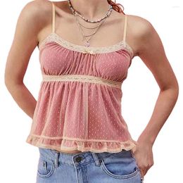 Women's Tanks Sweet Summer Camisoles Cute Dots Print Mini Bowknot Spaghetti Strap Lace Trim Vests Fashion Street Slip Cropped Camis