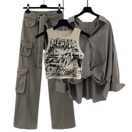 Spring Autumn Season Set Women Pant Set Large Size Women Vintage Versatile Tank Top Shirt Jeans Three piece Set 240326