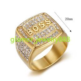 New hip Hop HIPHOP ring titanium steel vacuum electroplated diamond block BOSS letter mens ring