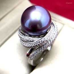 Cluster Rings Large Particle 10-11mm Natural Freshwater Pearl Ring With Round Purple Color S925 Silver Seawater Nanyang