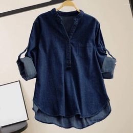 Women's Blouses Lightweight Women Top Chic Denim Shirts Stand Collar V-neck Loose Fit Streetwear Tops For Fashionable Ladies Solid