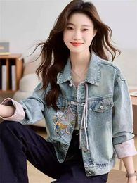 Women's Jackets Chinese Style Bbuckle Denim Coat Early Spring Women 2024 Fashion Embroidered Jacket Short Loose Top Mujer Chaqueta K455