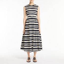 European fashion brand cotton horizontal striped printed sleeveless gathered waist midi dress