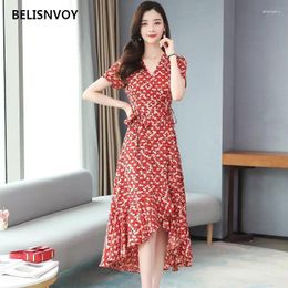 Party Dresses Summer Floral Printed Sexy Chiffon Dress V-neck Women Red High Waist Elegant Vestidos Chic Asymmetric Ruffle Slit Beach