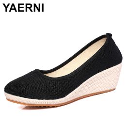 Pumps YAERNI Women Pure Color Vintage Hemp Wedge Pumps Round Toe Casual Lady Mid Heel Slipon Walking Shoes Closed Toe Espadrilles