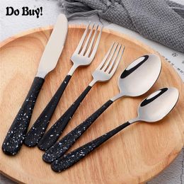 Flatware Sets 5 Pcs/Set Black Silver Dinnerware Set Stainless Steel With White Dot Handle Cutlery Kitchen Tableware