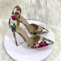 Dress Shoes Spring And Autumn Women Pumps Printing Flowers Sexy Pointed Toe Thin High Heel Party Wedding Females