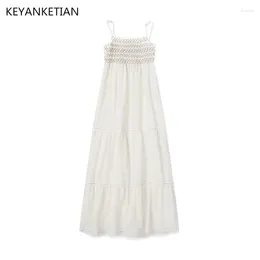 Casual Dresses KEYANKETIAN Summer Tribal Ethnic Style Cotton Texture Embroidered Sling Dress Peplum Hollowed Out Stitching Long Skirt