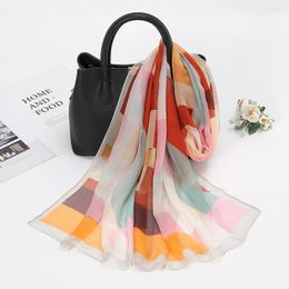 Scarves High Quality Chiffon Scarf Women Patchwork Colour Plaid Silk Summer Beach Sun Protection Bandana Travel Accessories