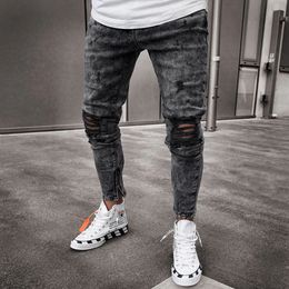 Men Retro Snow Wash Distressed Stretch Ripped Biker Jeans Hip Hop Slim Fit Hole Punk Denim Pant Pantalones Hombre Zipper Joggers 240322