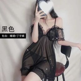 92WB Sexy Pyjamas Sexy Sleepwear Women V-neck Nightgown Sexy Nightdress Lace Mesh Pyjama Loungewear Summer Dress Nightwear Night Wear 2404101