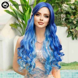 Synthetic Wigs Long Curly Blue Ombre Light Blue Aquamarine Wigs with Bangs Synthetic Loose Body Wave Hair Wigs for Women Costumes Cosplay Wig Y240401