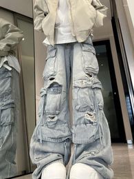 Women's Jeans Light Blue Washed Ripped Multi-pocket High Street Cargo Pants Women 2024 Aesthetic Fashion American Retro Wide Leg Baggy