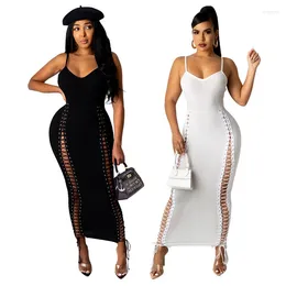 Casual Dresses Sexy Long Maxi Dress Spaghetti Strap Sleeveless Deep V Neck Knitted Lace Up Bandage Bodycon Slim Package Hip