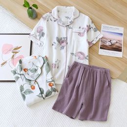 Women Pajama 100% Cotton Simple Pyjamas Women Short Sleeves Ladies Pajama Sets shorts Flower Print Sleepwear Women Homewear240401