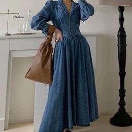 Casual Dresses Korean Chic Light Mature Single-Breasted Slim High-Waisted Puff Sleeve Notched Big Swing Denim Dress Long Vintage Loose