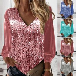 Women's Blouses Women Top Shiny Sequin Glitter Long Sleeves Lady Blouse Deep V Neck Soft Pullover Mid Length Fall Spring Clothes