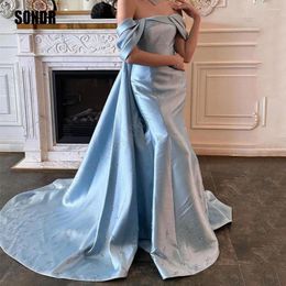 Party Dresses SONDR Light Blue Sohort Sleeve Dubai Evening Dress Women Arabic Formal Plus Size Shiny Sequins Long Prom Gown