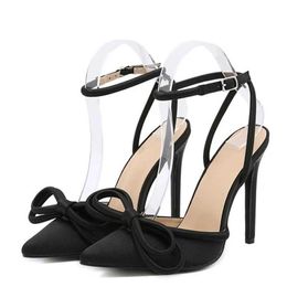 Dress Shoes 2024 New Women Sandals Fashion Silk Butterfly Knot Female Shoes Sexy Buckle Toe Thin High Heels Party Ladies Pumps H2404011T1W