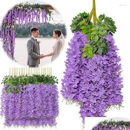 Wedding Decorations Decorative Flowers 110Cm Wisteria Artificial Flower Hanging Garland Plant Vine Fake For Arch Backdrop Wall Ceili Dhyrq