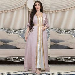 Ethnic Clothing Morocco Shiny Satin Muslim Dress 2 Piece Set Luxury Abayas Kaftans Evening Dresses Women Dubai Turkey Islamic Long Robe