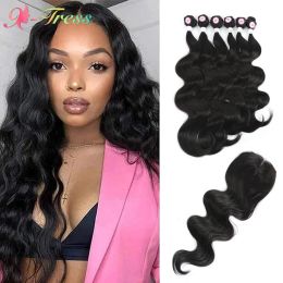 Weave Weave XTRESS Body Wave Bundles with Closure Synthetic Hair Weaving Natural Black Hair 6 Bundles Heat Reisistant Fiber