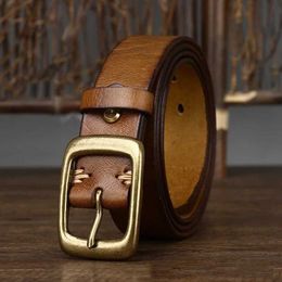 Belts 3.3CM mens genuine leather belt luxury designer brass pin buckle pure denim retro shoulder strap mens jeans Q240401
