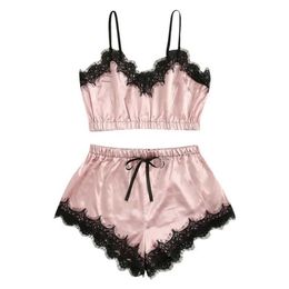 NUZM Sexy Pyjamas Women Pajama Suit Fashion V-Neck Lace Stretch Satin Babydoll Lace Sexy Lingerie Bowknot Pyjamas Sleep Shorts Set Sleepwear New 2404101