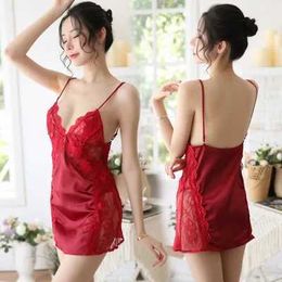 4Q6S Sexy Pyjamas Womens Sexy Lingerie Open Front Backless Water Soluble Floral Lace Deep V Perspective Temptation Nightgown Sleepwear 2404101