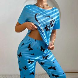 AR3K Sexy Pyjamas Womens Pajamas Set Spring Autumn Milk Silk Short Sleeve and Long Pants 2 Piece Cartoon Pattern Printed Sleepwear Pyjama Female 2404101