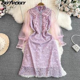 Casual Dresses 2024 Autumn Retro Lace Embroidered Mesh Vestidos For Women Elegant Stand Collar Fashion Ruffles Slim Party Midi Dress