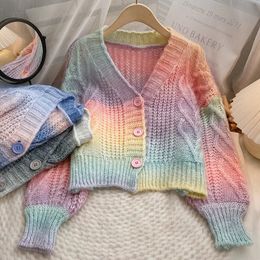 Korean Style Female Rainbow Gradient Sweater V Neck Single Breasted Batwing Sleeve All-Matched Women Knitting Cardigans Tops 240320