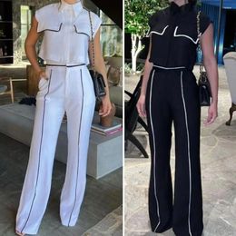 Women's Two Piece Pants Women Shirt Set Elegant Lapel Top With Wide Leg Straight High Waist Formal Office Wear Colour For Commute