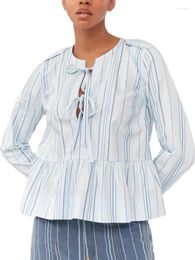 Women's Blouses Women Pink Or Blue Stripes Ruffles Blouse 2024 Summer Lace-Up O-Neck Pleated Long Sleeve Ladies Cotton Loose Shirt Tops