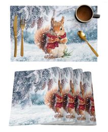 Table Mats Winter Snow Pine Cone Squirrel Mat Xmas Holiday Kitchen Dining Decor Placemat Wedding Napkin