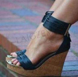 Boots LAIGZEM SUPER Women Sandals Platform Wedges Heels Ankle Straps Pumps Summer Black Shoes Woman PARTY Clubs Big Size 34 41 43 48