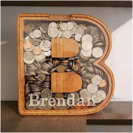 Arts And Crafts Boxes 26 Letter Wooden Piggy Bank Coin Storage Creative Transparent Desktop Decoration Home Handicraft Gift Drop Deliv Dhpkt