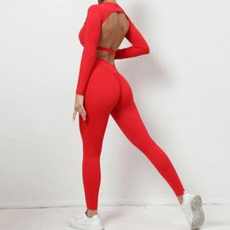 Active Sets Long Sleeve Top Suit For Fitness 2024 Lycra Gym Set Women Sportswear Backless Sport Outfit Woman Tracksuit Red Pink Green