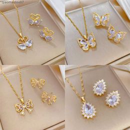 Pendant Necklaces Luxury Swan Butterfly Zircon Jewellery Set Stainless Steel Animal Pendant Necklace Earrings Party GiftsL2404