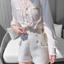 Korean Chic Vintage Tweed 2 Piece Sets Women Outfits Long Sleeve ChiffonTweed Shirt Top Shorts Sets Fashion Two Piece Pant Suits 240326