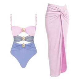 ZAFUAZ Women Cutout Swimwear Colour Block One Piece Swimsuit With Sarong Female Backless Monokini Swim Beach Bathing Suit 240401