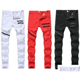 Mens Jeans Man Ripped Hole Straight Enim With Contrast Color Fashion Casual Zipper Male Pants Slim Trousers Black White Red Drop Deliv Dhd8F