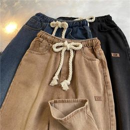 Women's Jeans Korean Style Vintage Denim Pants Man Spring Autumn Elastic Waist Bandage Brown Straight High Street Loose Wide Leg