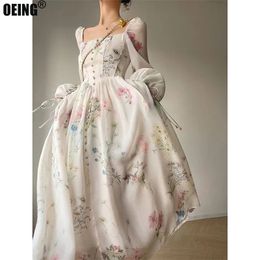 2023 Summer Korean Style Floral Evening Party Dresses Chiffon Long Sleeve Beach Midi Fairy Dress Vestidos De Ocasion Formales 240327