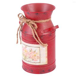 Vases Farmhouse Galvanized Metal Flower Bucket Pot Planter Holder Rustic Vintage Home Table Centerpieces ( Red )