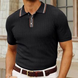 Men's Polos 2024 Summer High Quality Polo Shirts Fashion Knitting Short Sleeve Solid Stripes Tees Male Loose Lapel Casual