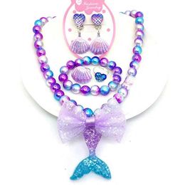 Pendant Necklaces Baby Girls Beads Necklace Set Fashion Mermaid Tail Pendant Child Kids Adjustable Lovely Necklace Charm Chunky Jewellery For Gift 240330
